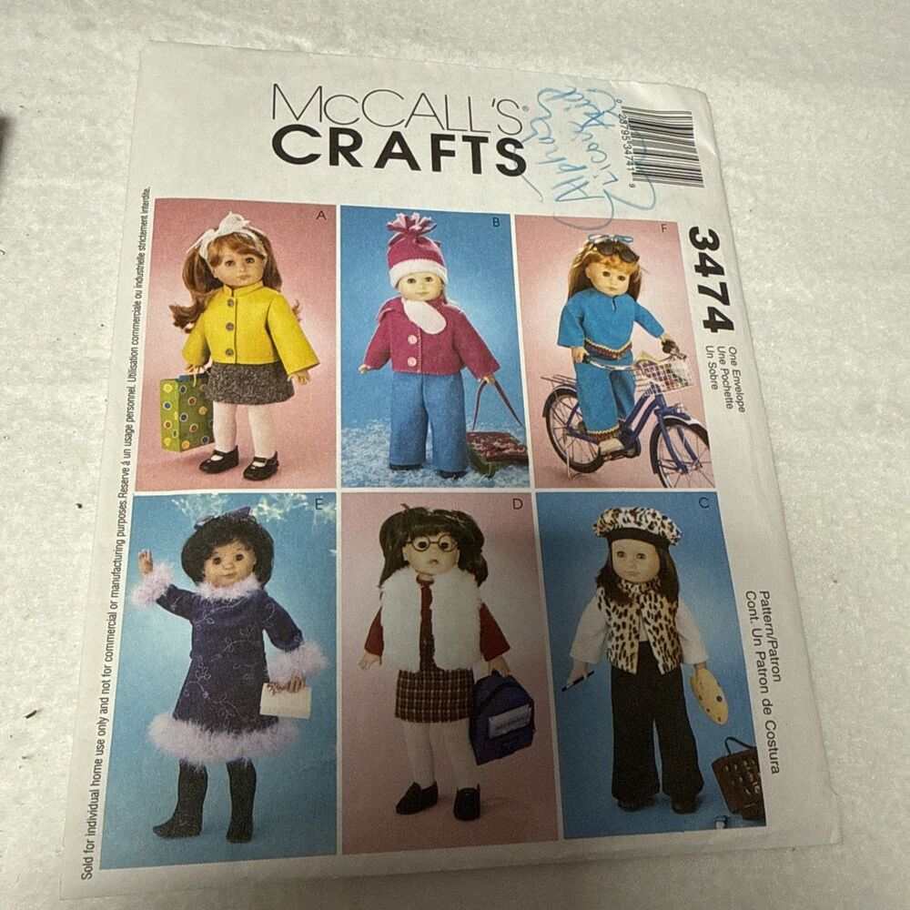 McCall 3474 sewing Pattern  Doll Clothes For 18" Doll like American girl ~ NEW